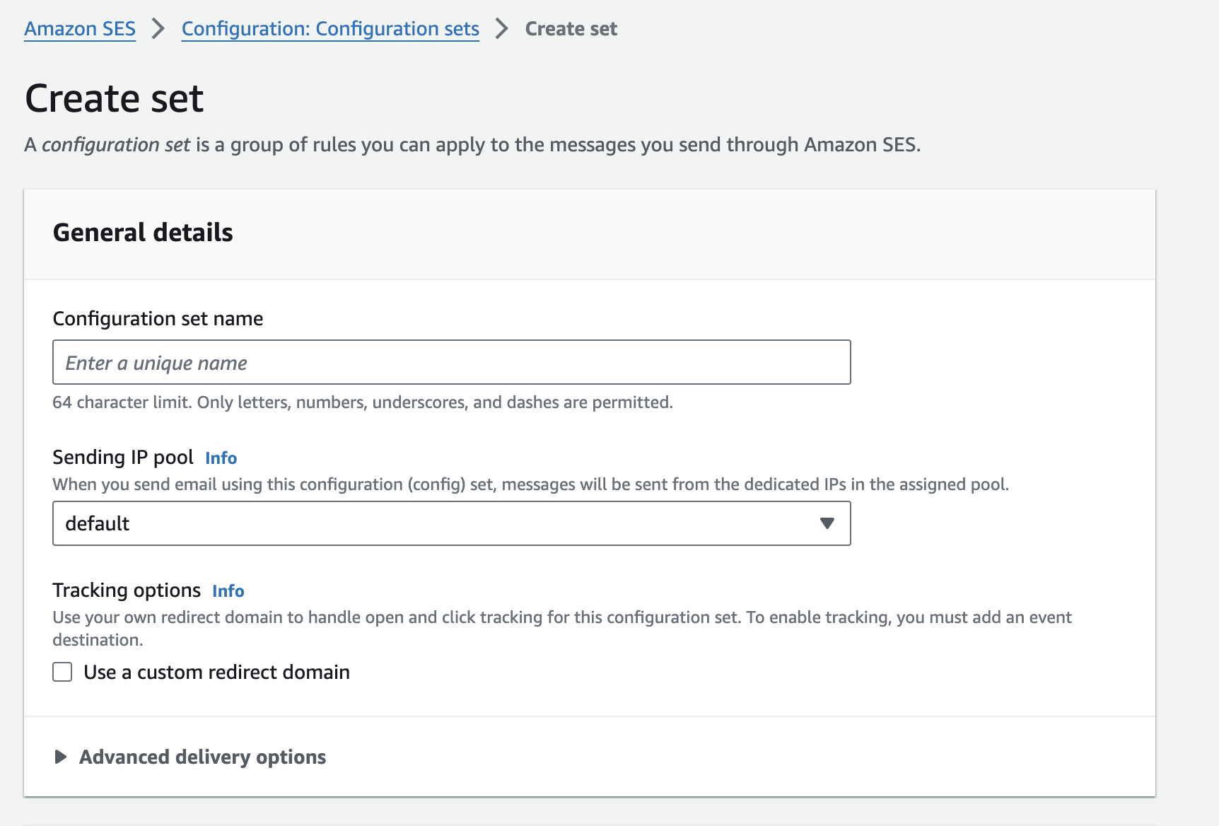 AWS Console view of creating a configuration set