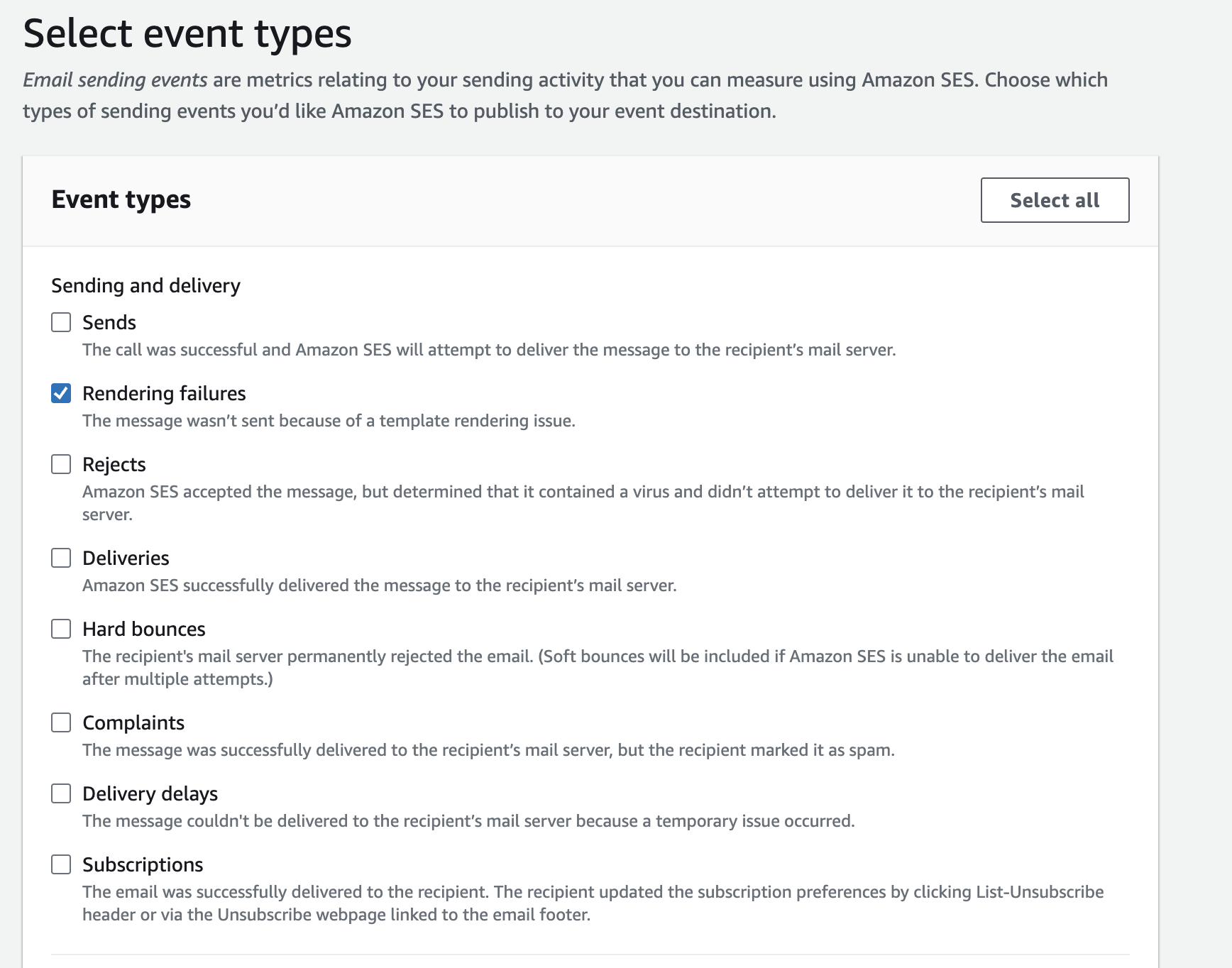 AWS Console view of selecting event types