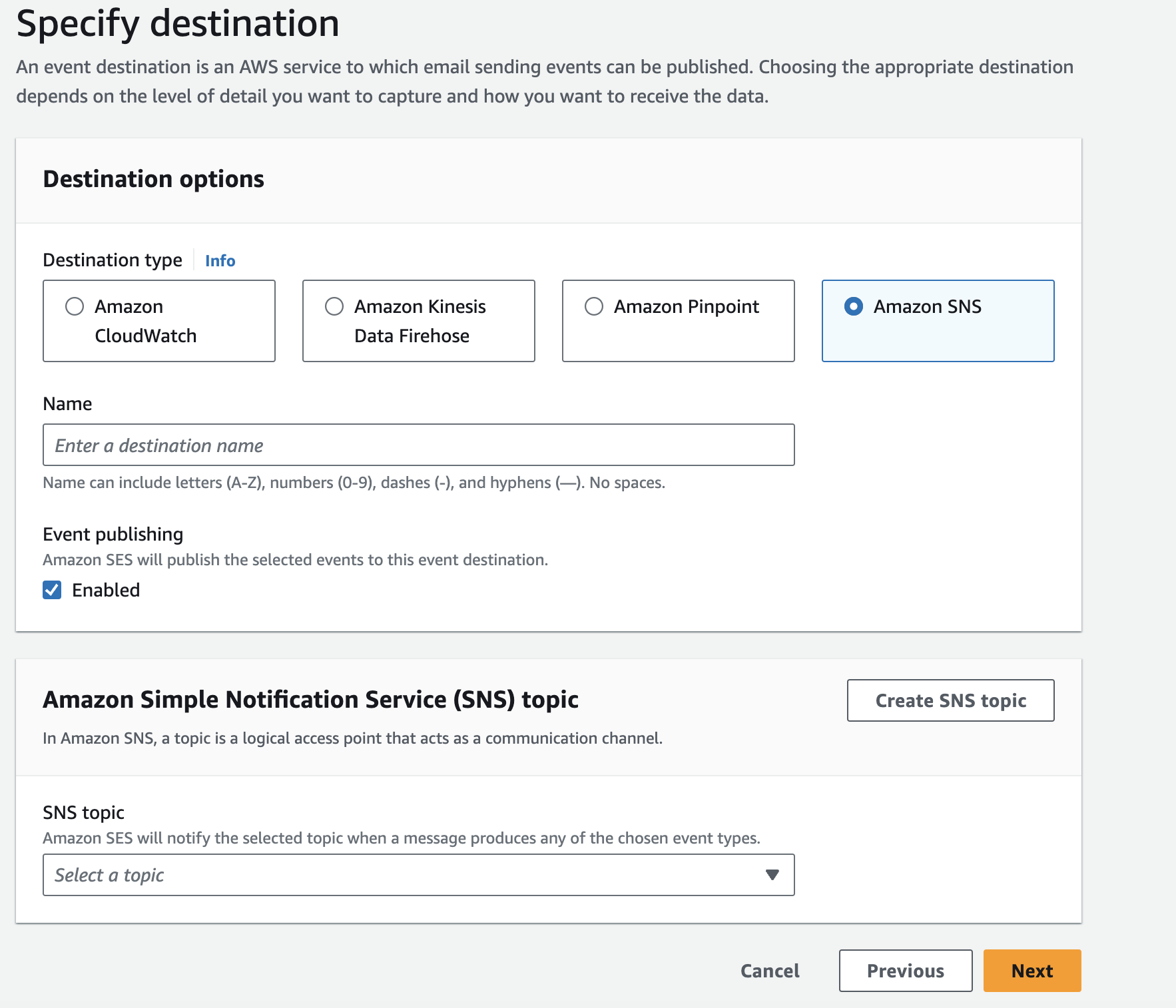AWS Console view of specifying destination